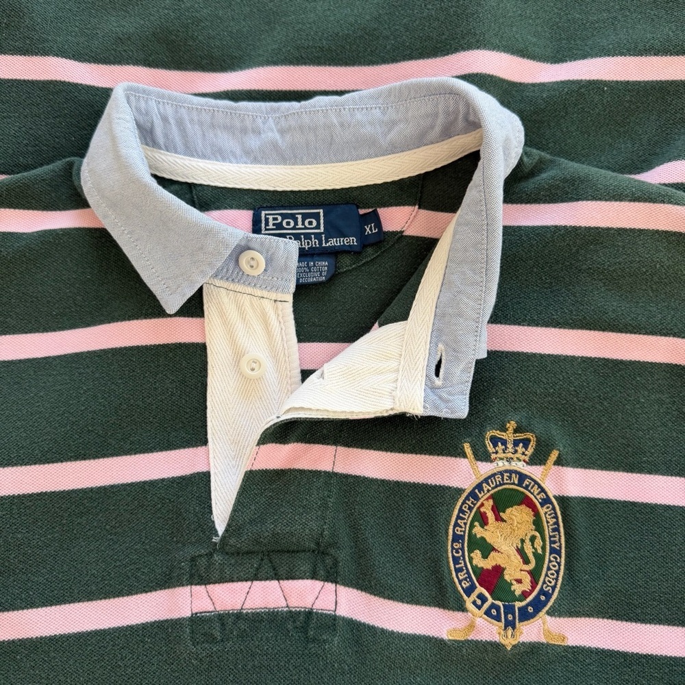 Polo Ralph Lauren Crest Striped Rugby Polo Green Pink Embroidered Logo Shirt - Picture 5 of 9